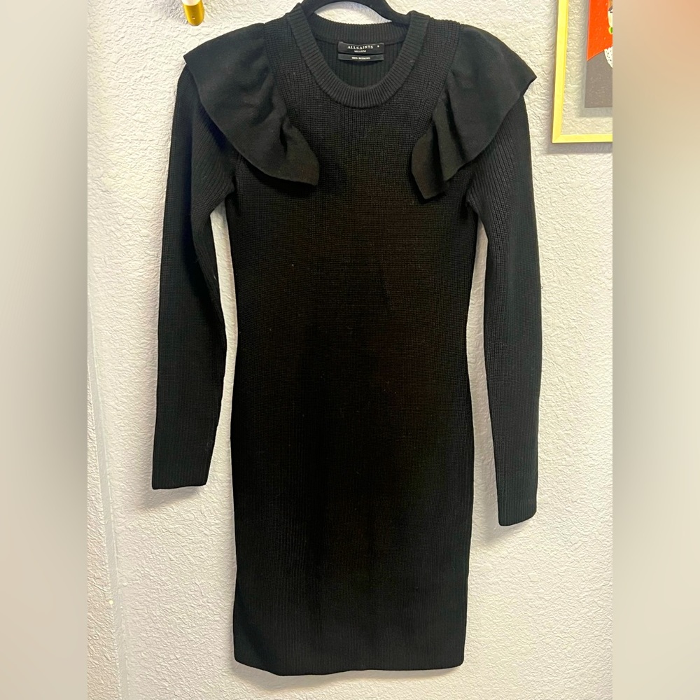 All Saints UK RUFFLE SHOULDER sweater dress Black- Size Medium